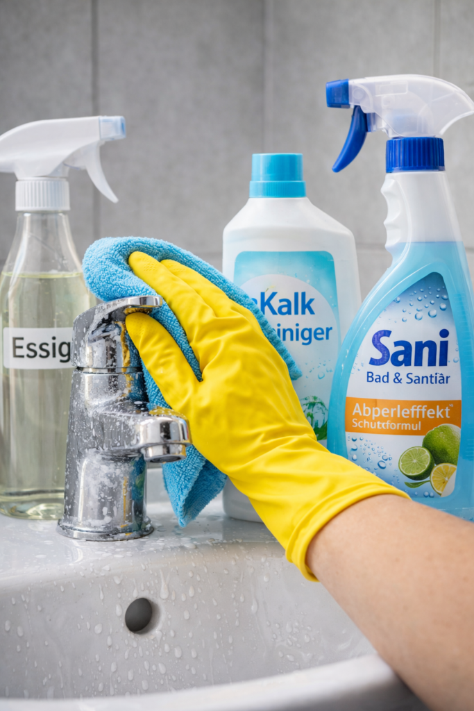 Armaturen entkalken ohne Schäden – Chromarmatur wird mit Mikrofasertuch und Sanitärreiniger schonend gereinigt