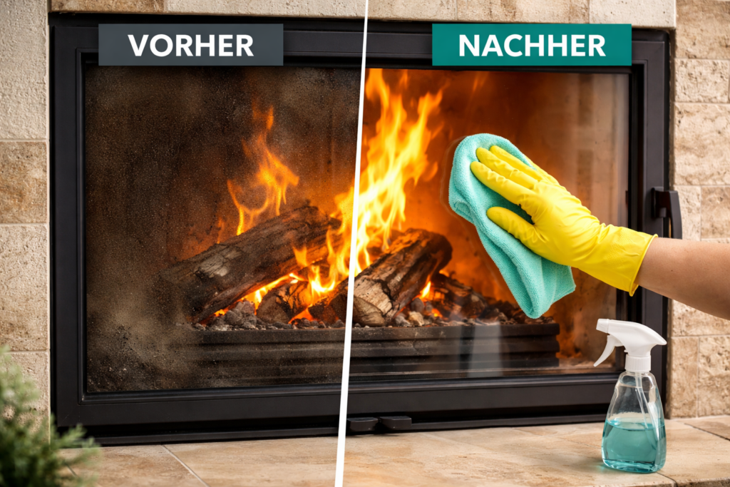 Kamin reinigen im Haushalt – saubere Kaminscheibe und gereinigter Feuerraum nach Entfernung von Ruß