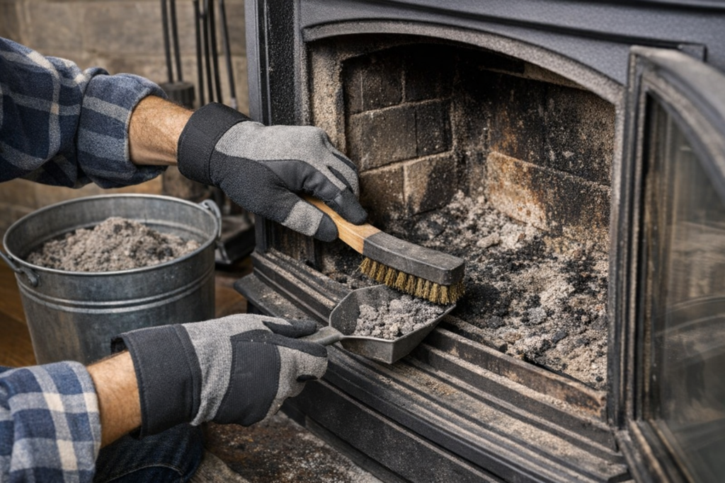 Kamin reinigen im Haushalt – Reinigung des Feuerraums mit Bürste und Handschuhen