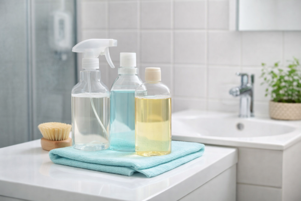 Bad sauber reinigen mit einfachen Reinigungsmitteln und Mikrofasertuch
