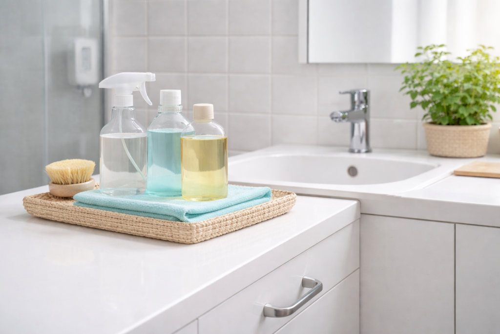 Küche reinigen mit wenigen Reinigungsprodukten – saubere Arbeitsfläche und Spüle