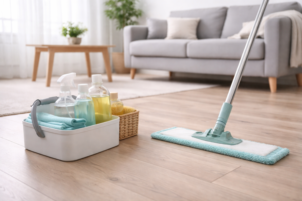 Boden reinigen im Haushalt mit Wischmopp, Reinigungsprodukten und Mikrofasertüchern