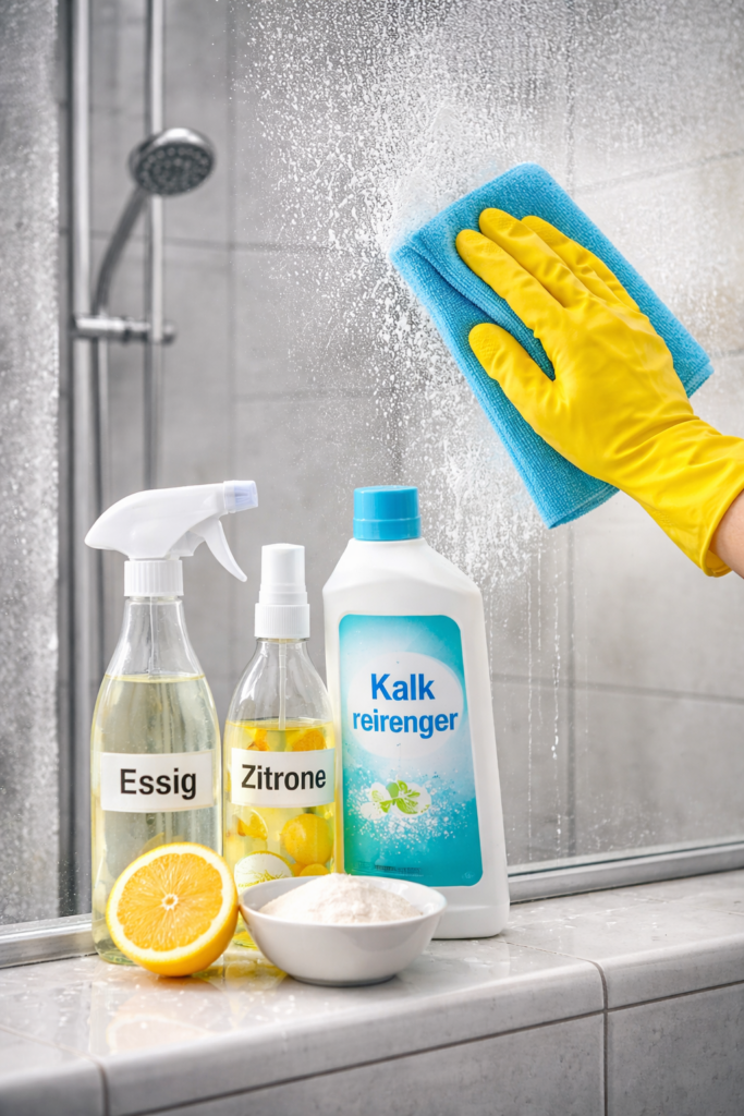 Kalk in der Dusche entfernen – Glasduschwand wird mit Mikrofasertuch gereinigt, daneben Essig, Zitronensäure und Kalkreiniger