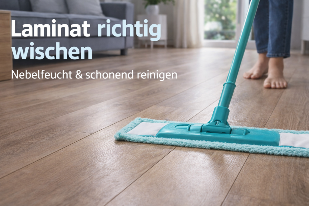 Laminat richtig wischen mit nebelfeuchtem Mikrofasermopp im Wohnzimmer