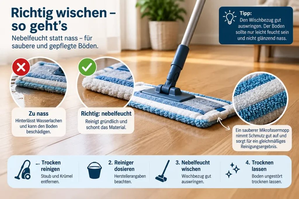 Boden richtig reinigen und nebelfeucht wischen mit sauberem Mikrofasermopp