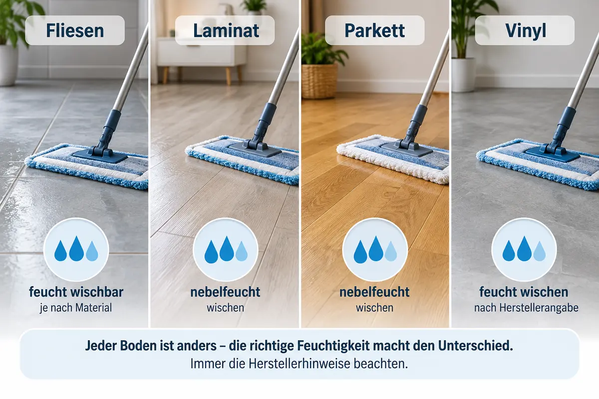 Boden richtig reinigen: Fliesen, Laminat, Parkett und Vinyl mit passender Feuchtigkeit wischen