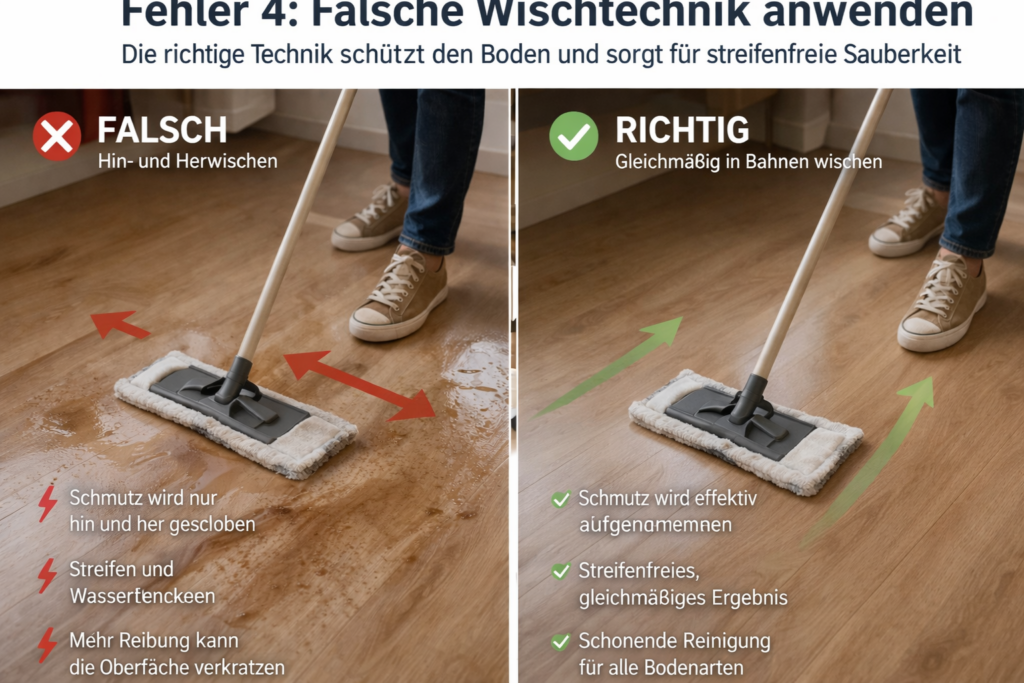 Falsche vs richtige Wischtechnik beim Boden reinigen – gleichmäßige Bahnen verhindern Streifen
