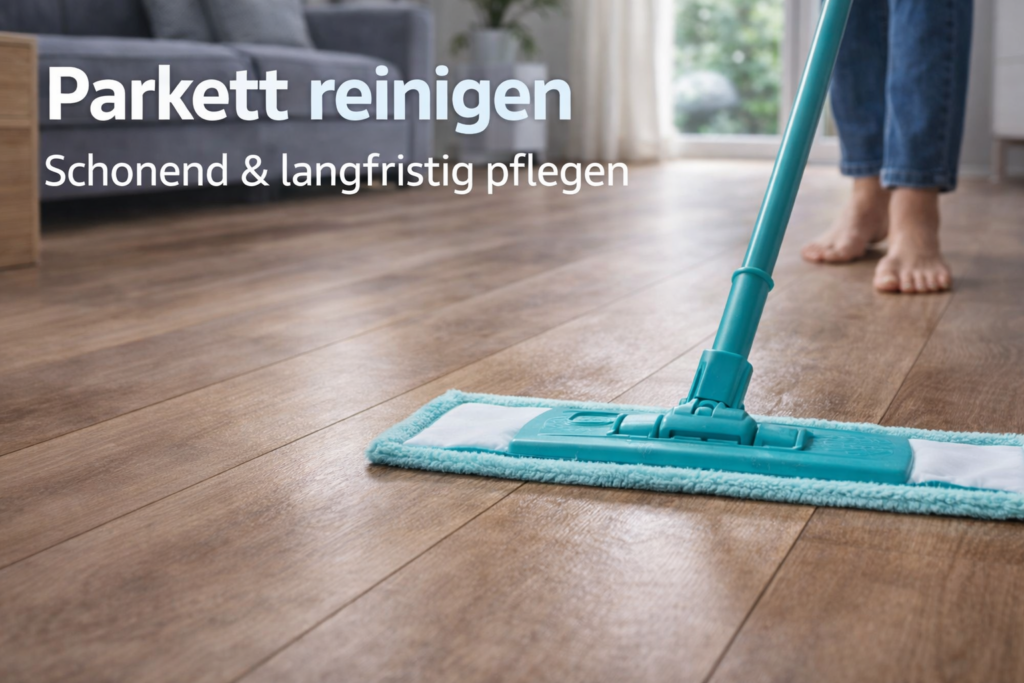 Parkett reinigen mit nebelfeuchtem Mikrofasermopp auf Holzboden