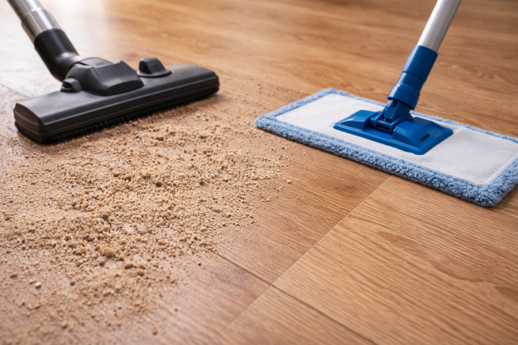 Sand und Staub auf dem Boden vor dem Wischen als typischer Fehler beim Boden reinigen