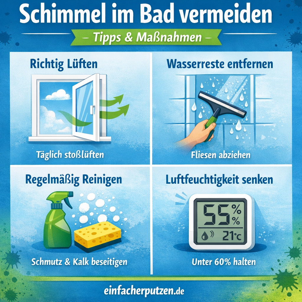 Schimmel im Bad vermeiden durch Lüften, Reinigen und Entfernen von Wasserresten