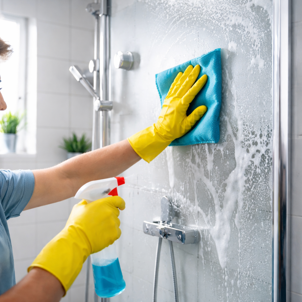Bad putzen Dusche reinigen mit Mikrofasertuch und Reiniger im Badezimmer