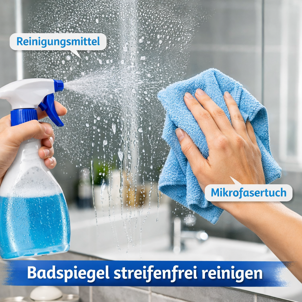 Badspiegel streifenfrei reinigen mit Mikrofasertuch