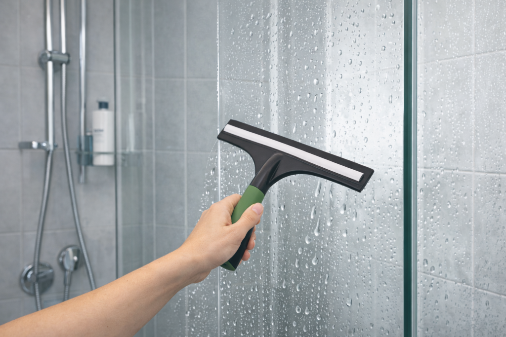 Duschkabine mit Abzieher trocknen um Schimmel im Bad zu vermeiden