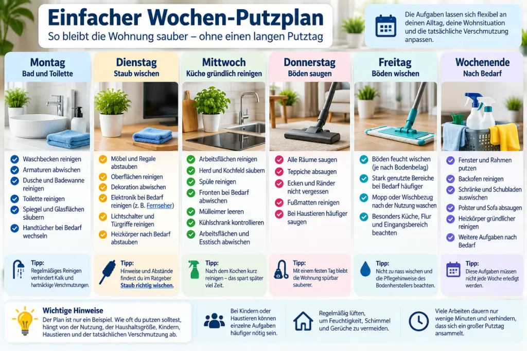 Infografik mit einfachem Wochen-Putzplan von Montag bis Wochenende