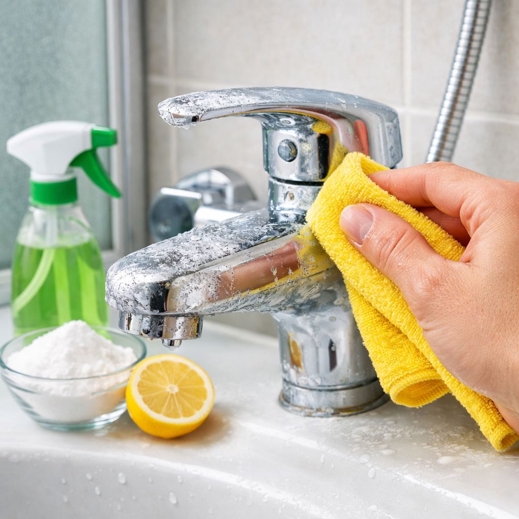 Kalk von Armaturen entfernen – Reinigung eines Wasserhahns im Badezimmer mit Tuch