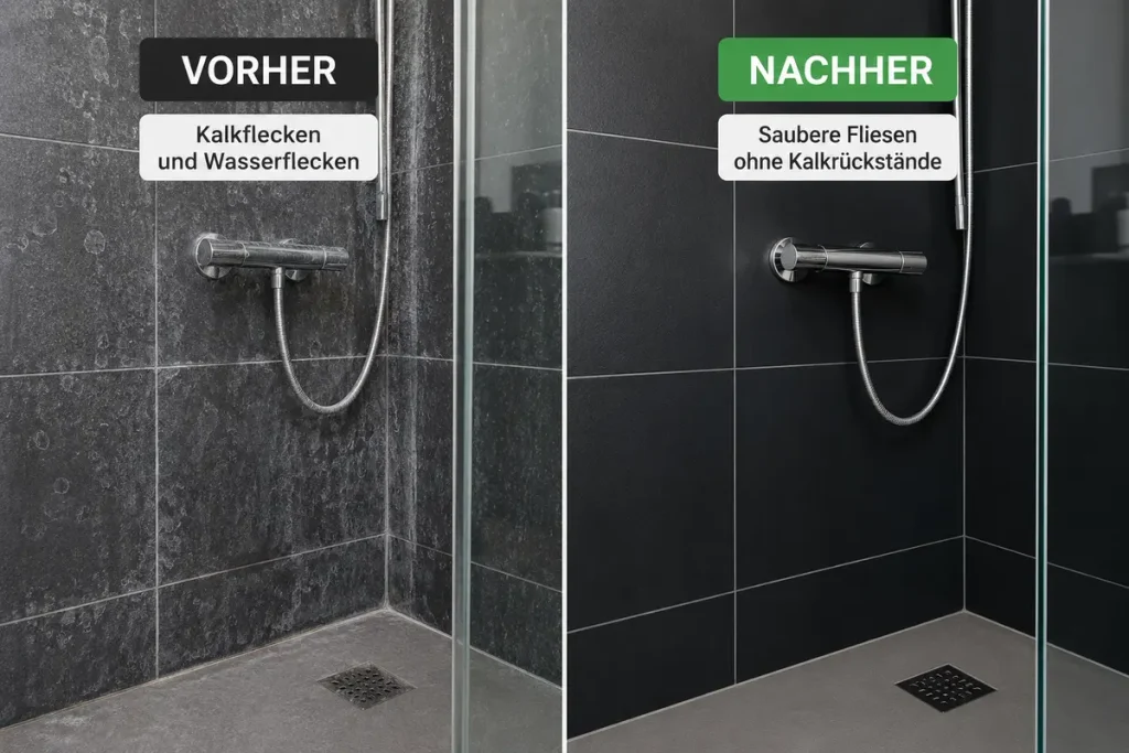Kalkflecken auf Fliesen entfernen im Vorher-Nachher-Vergleich