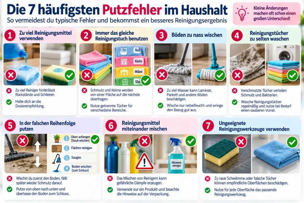 Infografik mit sieben häufigen Putzfehlern im Haushalt und passenden Lösungen