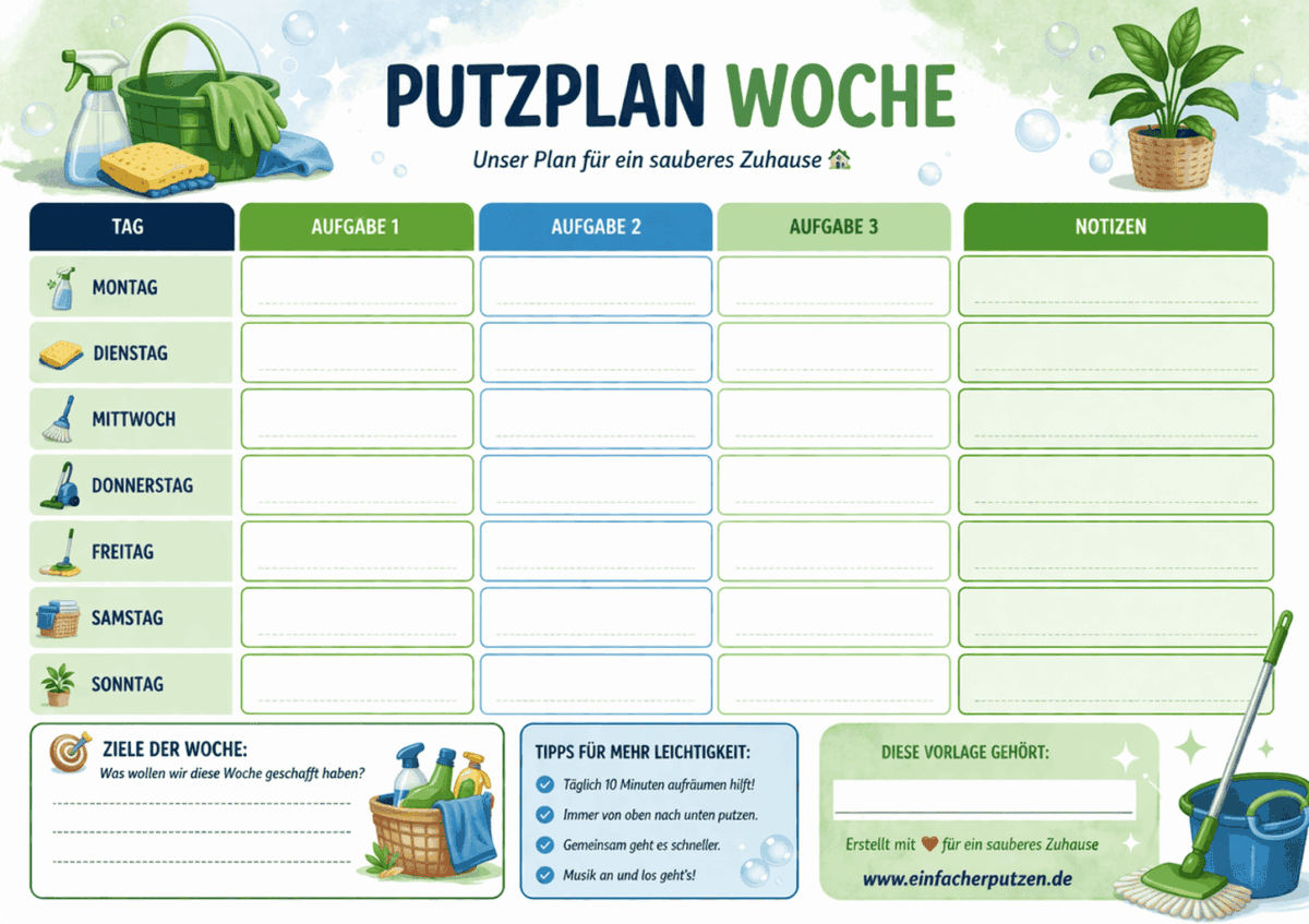 Putzplan Woche PDF – Wochenübersicht als kostenlose Druckvorlage