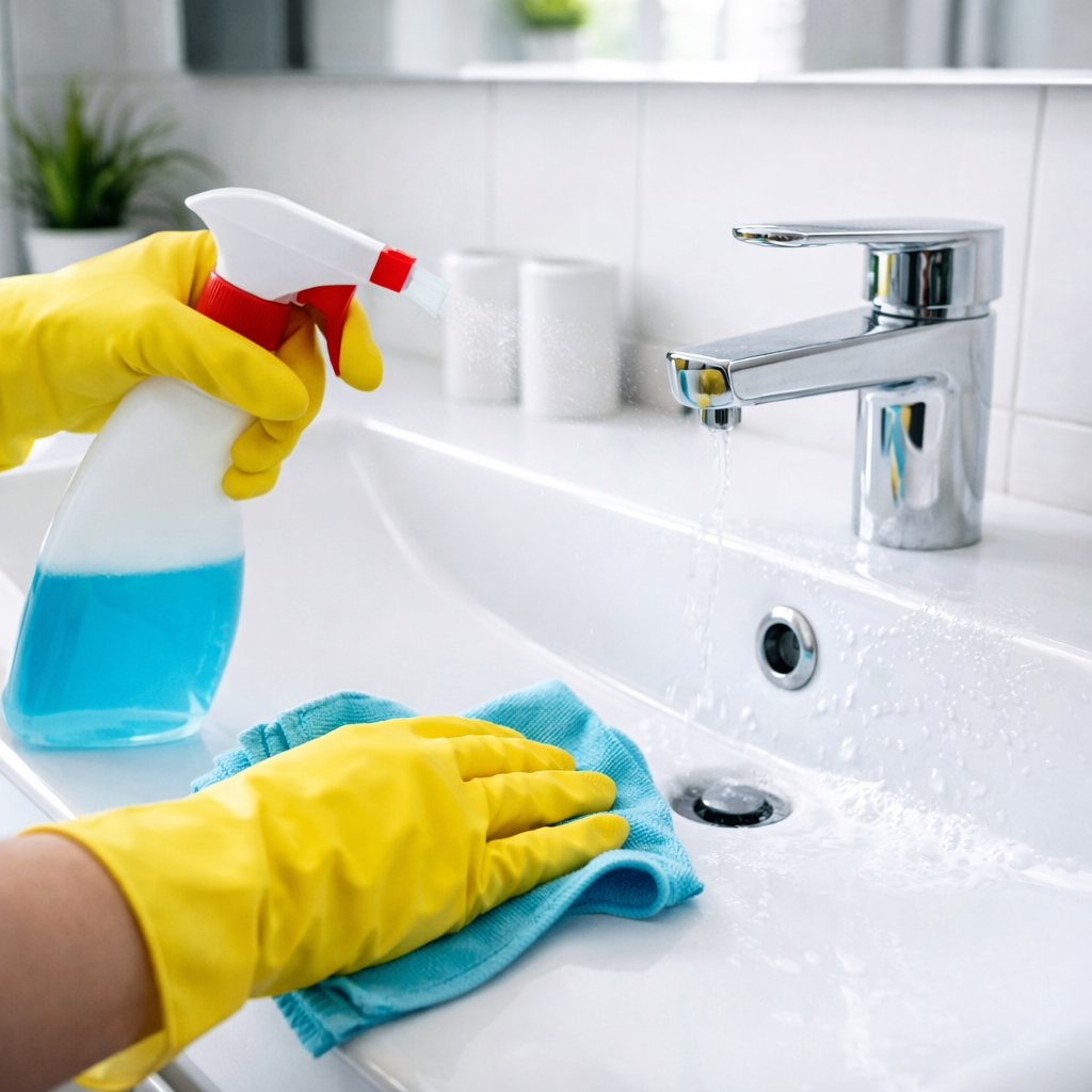 Waschbecken reinigen im Badezimmer mit Mikrofasertuch und Reiniger