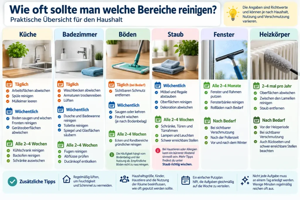 Infografik zu Reinigungsintervallen für Küche, Bad, Böden, Staub, Fenster und Heizkörper