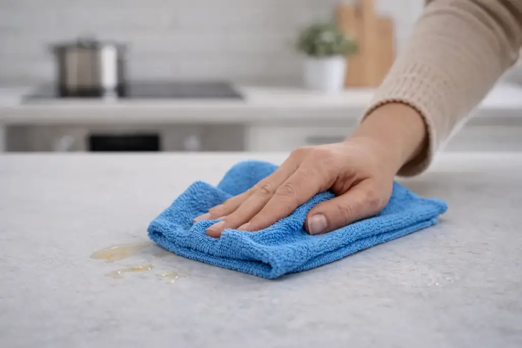 Fett von Arbeitsplatte in der Küche mit Mikrofasertuch entfernen