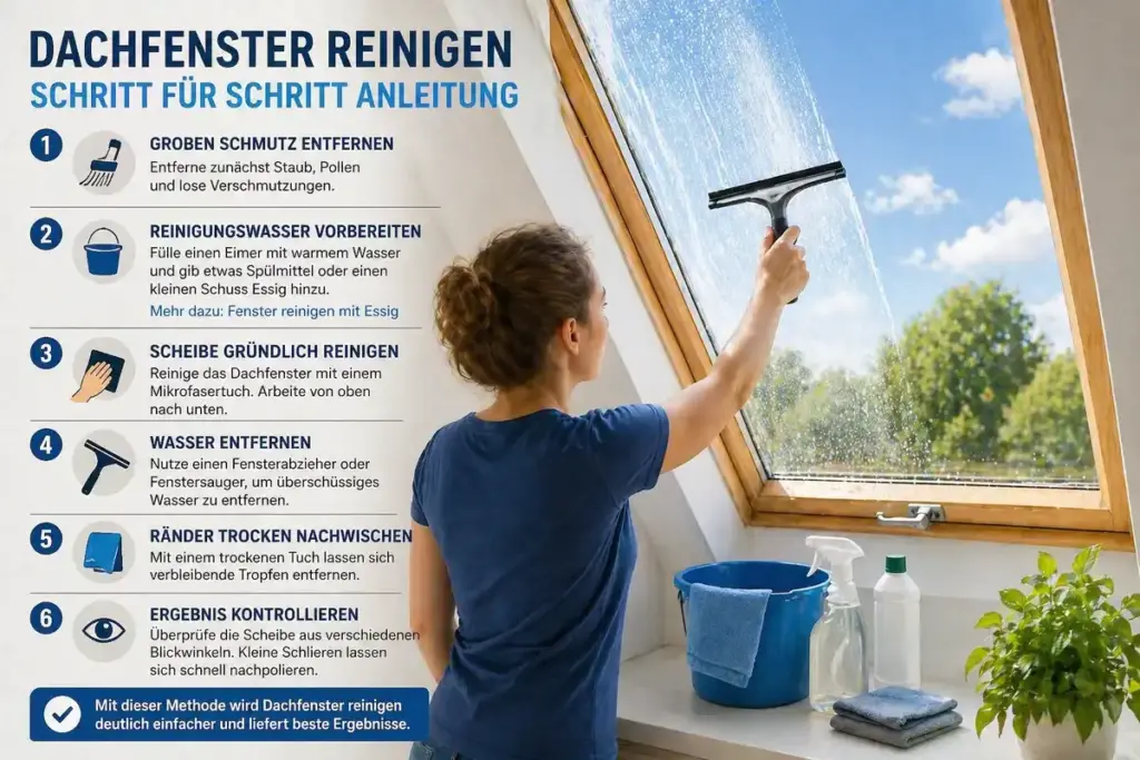 Dachfenster reinigen mit Fensterabzieher von oben nach unten für streifenfreies Ergebnis