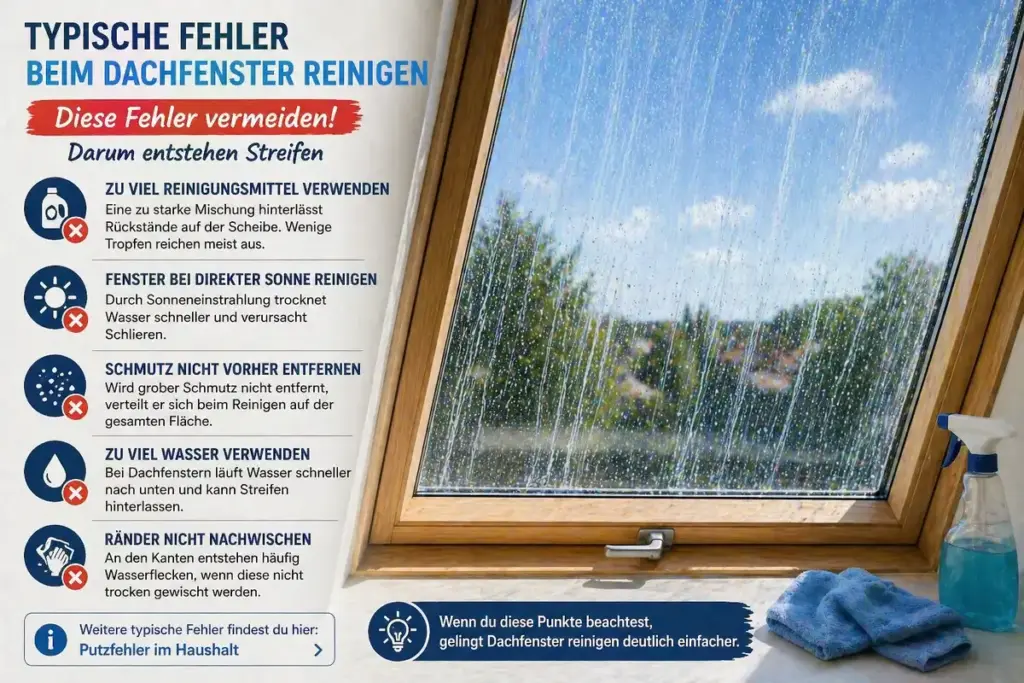 Dachfenster reinigen mit sichtbaren Streifen und Wasserflecken durch typische Fehler bei der Reinigung