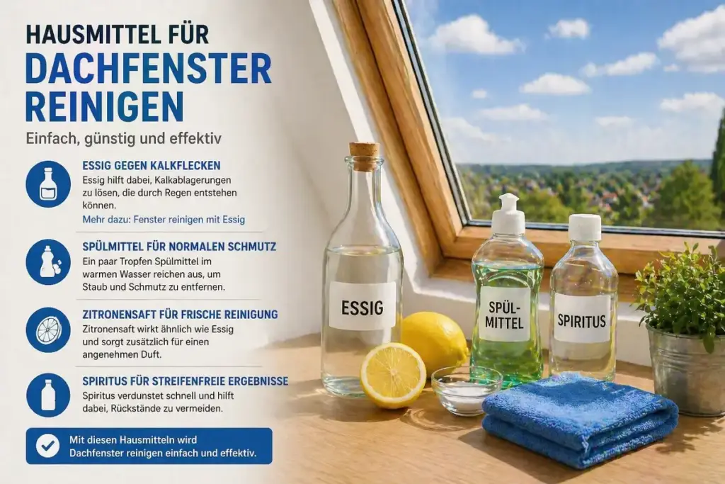 Dachfenster reinigen mit Hausmitteln wie Essig, Zitrone und Reinigungstuch auf Fensterbank