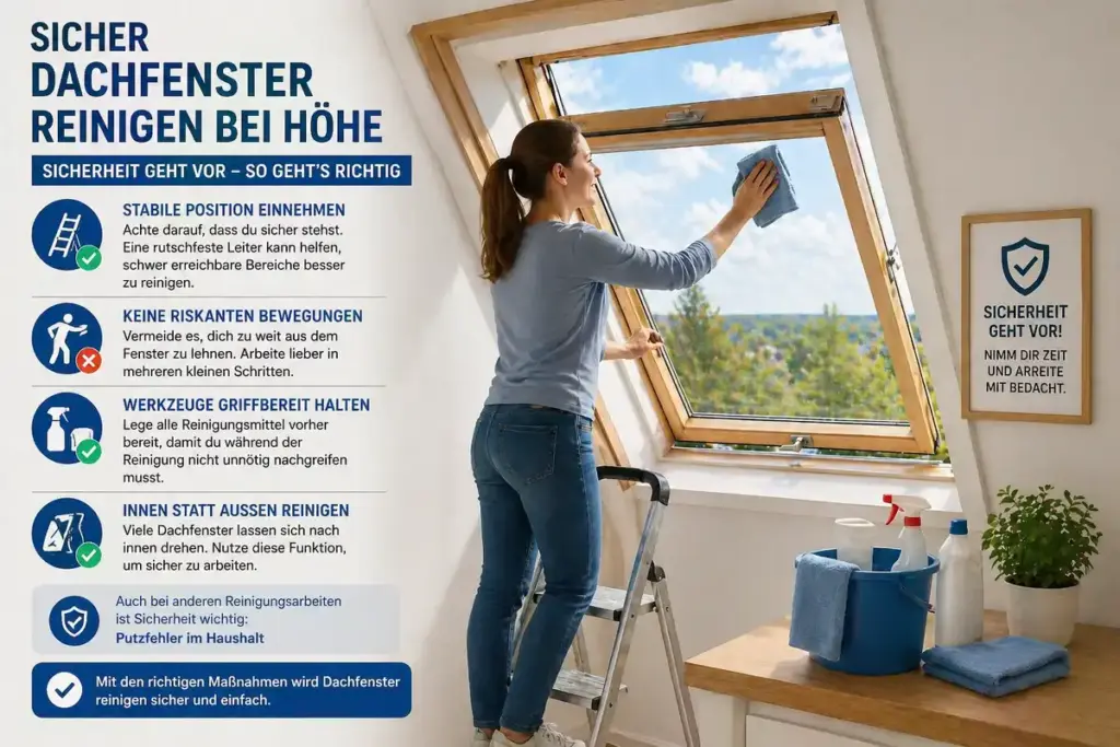 Dachfenster reinigen mit sicherem Stand auf Leiter und stabiler Position beim Putzen