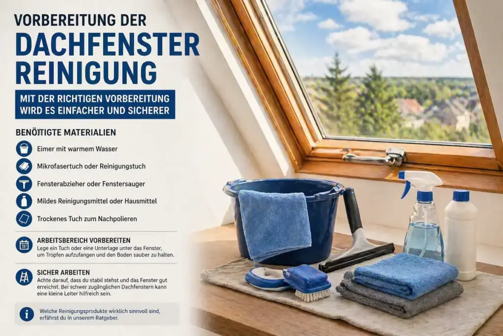 Dachfenster reinigen Vorbereitung mit Reinigungsutensilien wie Eimer, Tuch und Fensterabzieher neben Dachfenster