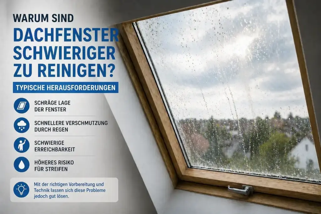 Dachfenster reinigen mit sichtbaren Wasserflecken und Schmutz auf schräger Glasfläche
