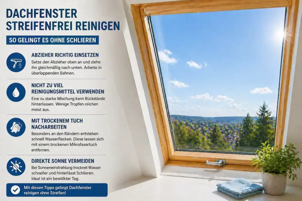 Dachfenster reinigen streifenfrei mit klarem Glas ohne Schlieren und Wasserflecken