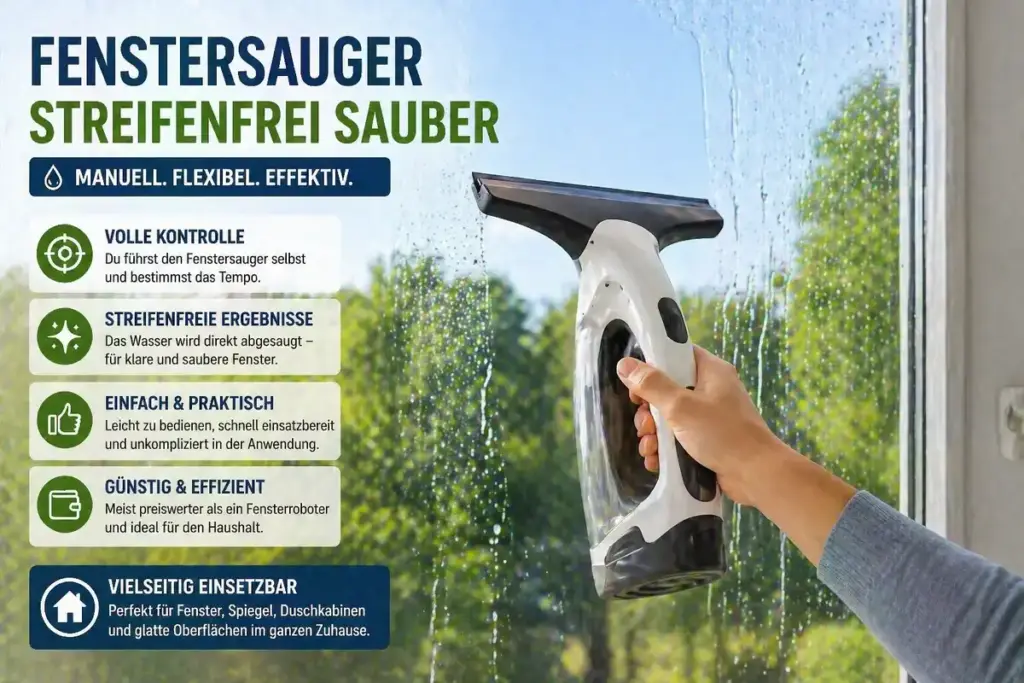 Fenstersauger beim Abziehen von Wasser auf Glasscheibe für streifenfreie Fenster