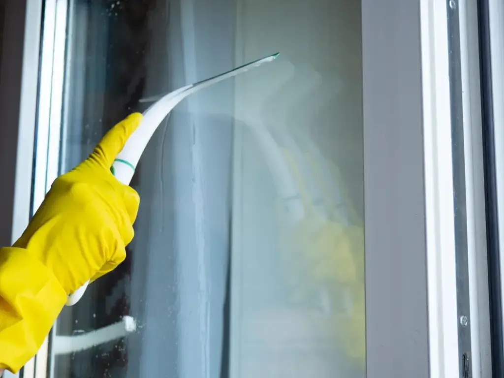 Fensterabzieher wird gleichmäßig über Glasscheibe gezogen für streifenfreie Fenster nach der Reinigung mit Essig