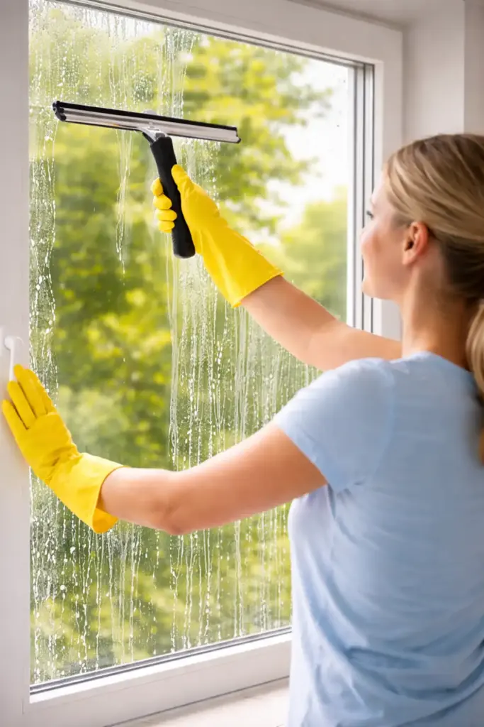 Person zieht Fenster mit Abzieher von oben nach unten für streifenfreie Reinigung