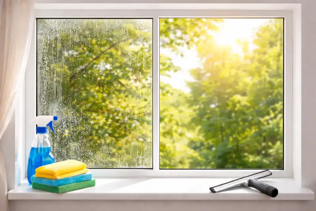 Fenster halb sauber halb schmutzig im Vergleich vor und nach der Reinigung