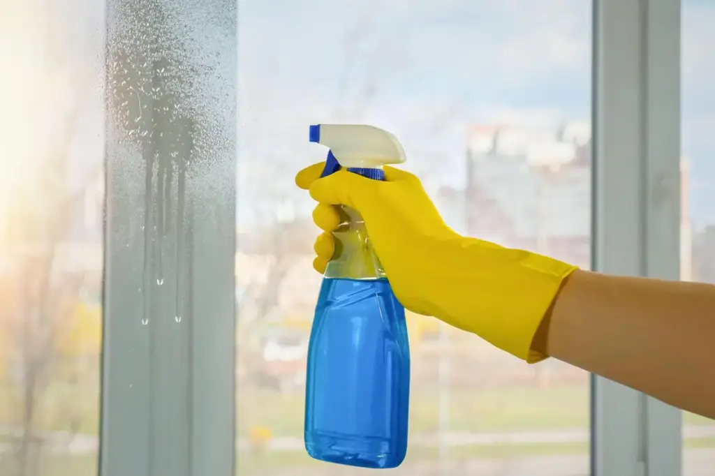 Fenster mit Kalkflecken und Essigflasche – Essig hilft gegen Wasserflecken auf Glas