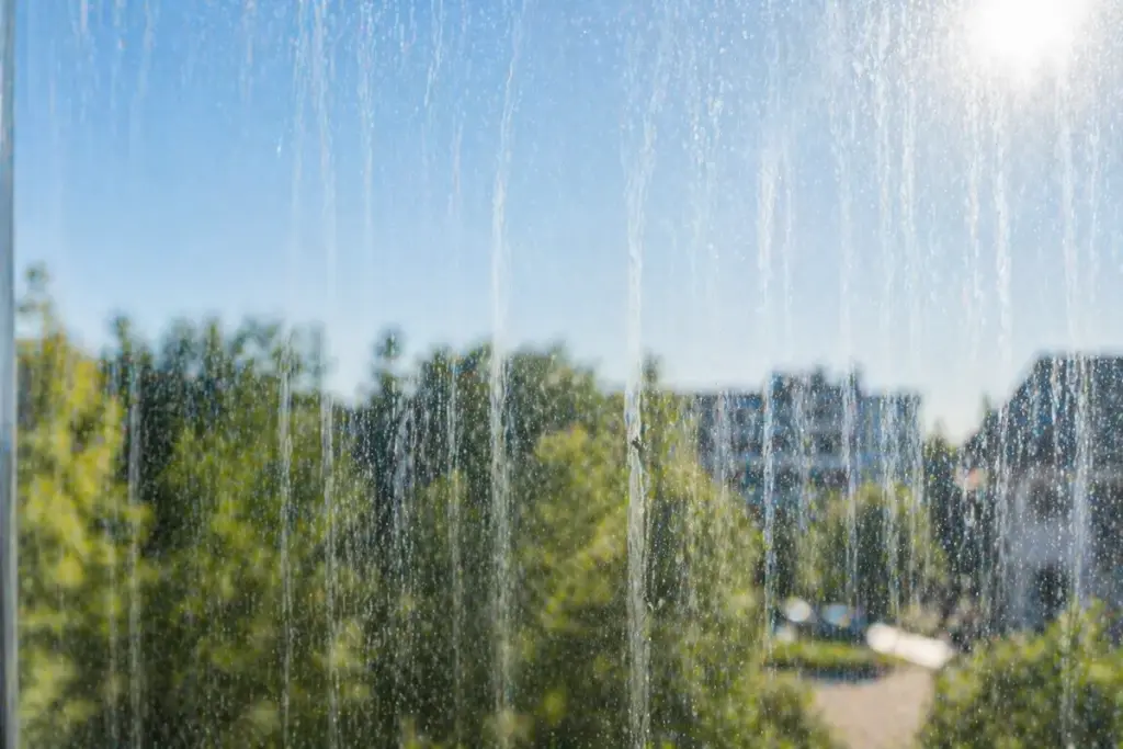 Fensterscheibe mit sichtbaren Schlieren, Wasserflecken und Schmutz bei Tageslicht