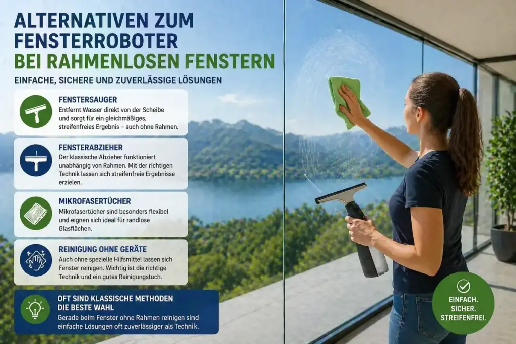 Manuelle Reinigung einer rahmenlosen Glasfläche mit Tuch und Fensterabzieher für streifenfreie Ergebnisse