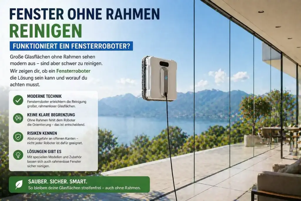 Fenster ohne Rahmen reinigen mit Fensterroboter auf großer rahmenloser Glasfläche