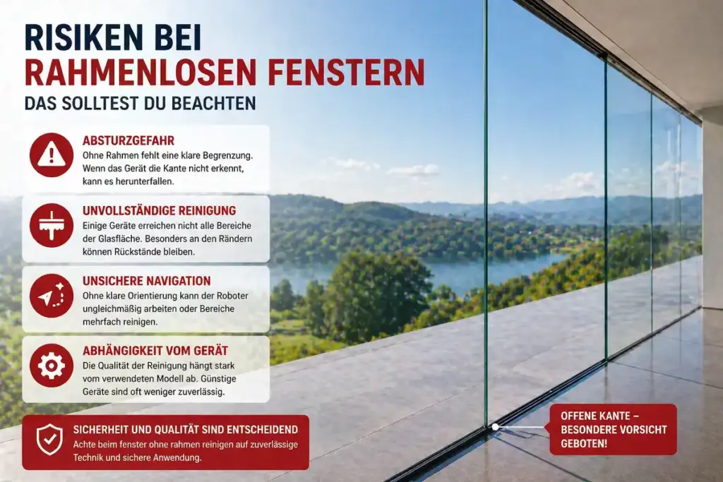 Risiken beim Fenster ohne Rahmen reinigen mit Fensterroboter an großer Glasfläche ohne Begrenzung