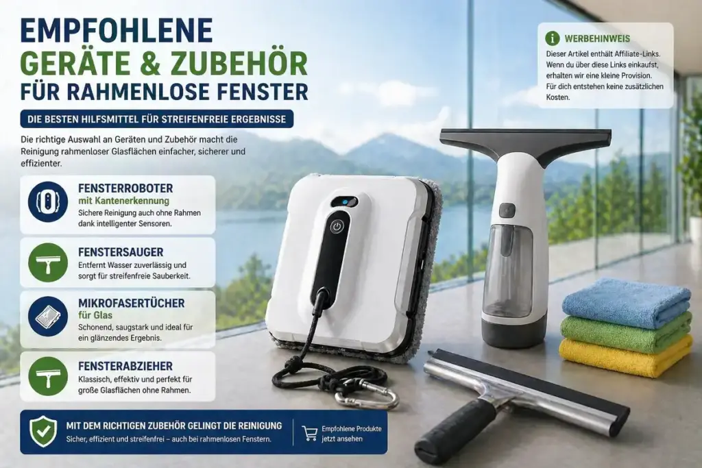 Reinigungsset für rahmenlose Fenster mit Fensterroboter, Fenstersauger, Abzieher und Mikrofasertüchern