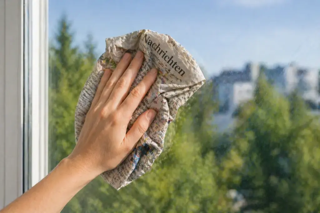 Hand poliert Fensterscheibe mit Zeitungspapier für streifenfreien Glanz auf Glas