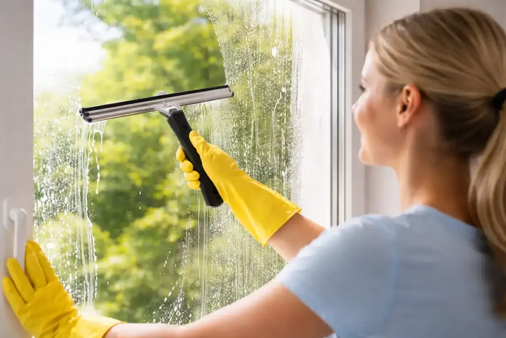 Person reinigt Fenster mit Abzieher für streifenfreies Ergebnis