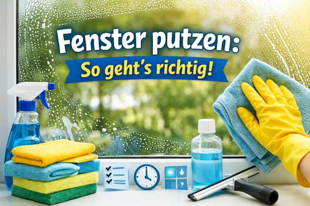 Fenster putzen ohne Streifen mit Mikrofasertuch und Abzieher bei Tageslicht