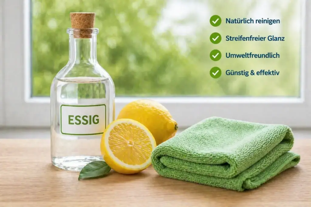 Essig, Zitrone und Reinigungstuch als Hausmittel für die natürliche Fensterreinigung