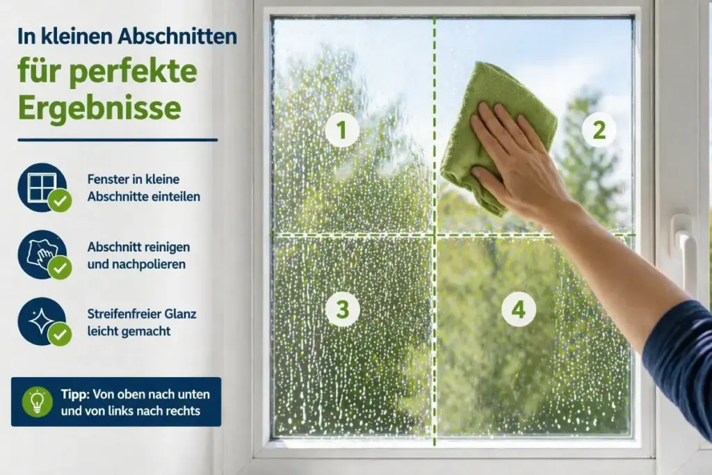 Fenster wird in kleine Abschnitte eingeteilt und mit Tuch gereinigt für streifenfreie Ergebnisse