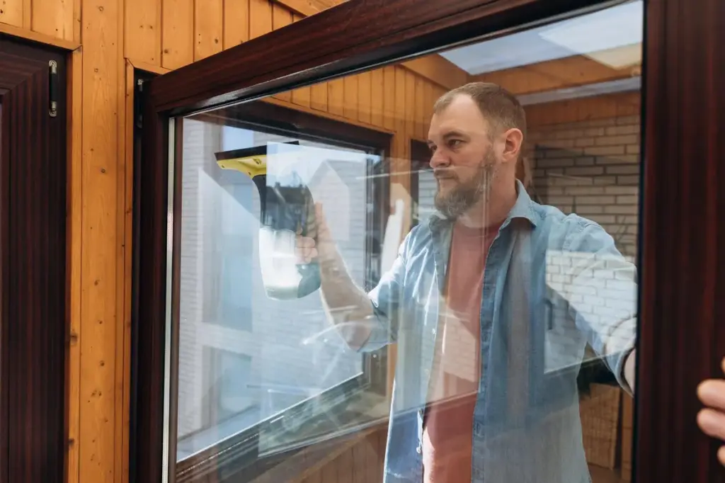 Person reinigt Fenster mit Mikrofasertuch und Abzieher für streifenfreie Fenster mit Essig