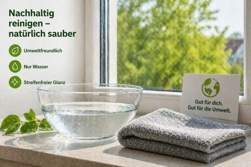 Nachhaltige Fensterreinigung nur mit Wasser und Mikrofasertuch für streifenfreie saubere Fenster