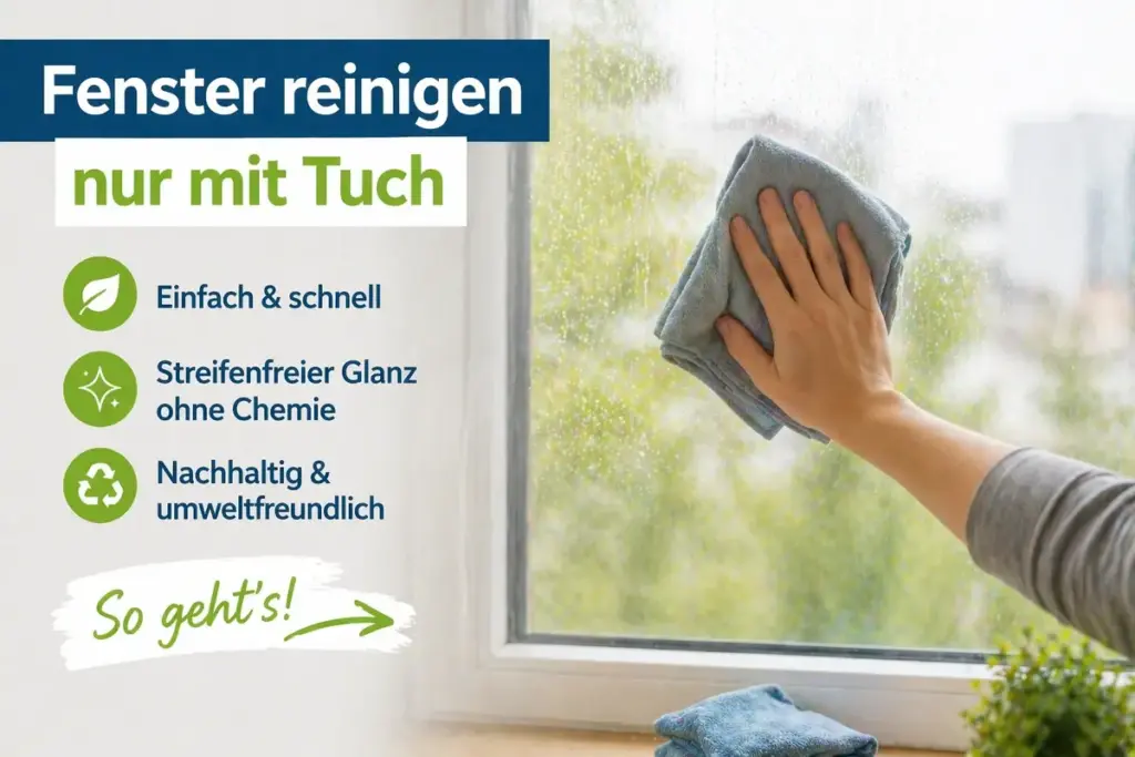 Fenster reinigen nur mit Tuch ohne Chemie für streifenfreien Glanz bei Tageslicht. Fensterputzen ohne Abzieher.